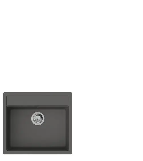 Einbauspüle in Steingrau von Hansgrohe mit quadratischer Form und mittigem Abfluss, geeignet für die Montage in Küchenarbeitsflächen.
